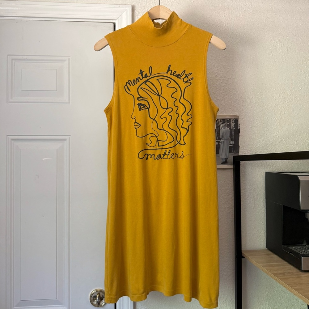 Dazey LA Mustard Yellow Sleeveless Midi Dress with Mental Health Graphic
